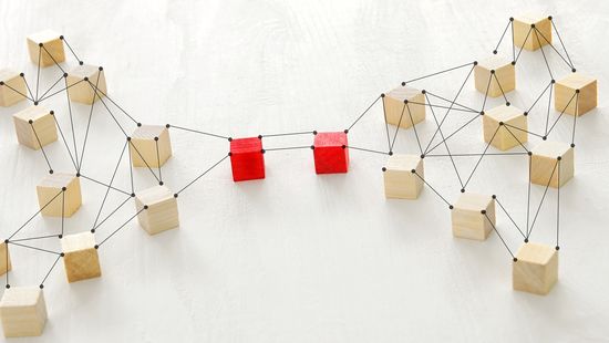 Applying at the HWR Berlin: The photo shows wooden blocks linked by strings, two of them are coloured red and directly linked to each other. Photo: © stockfour/iStock/Getty Images Plus