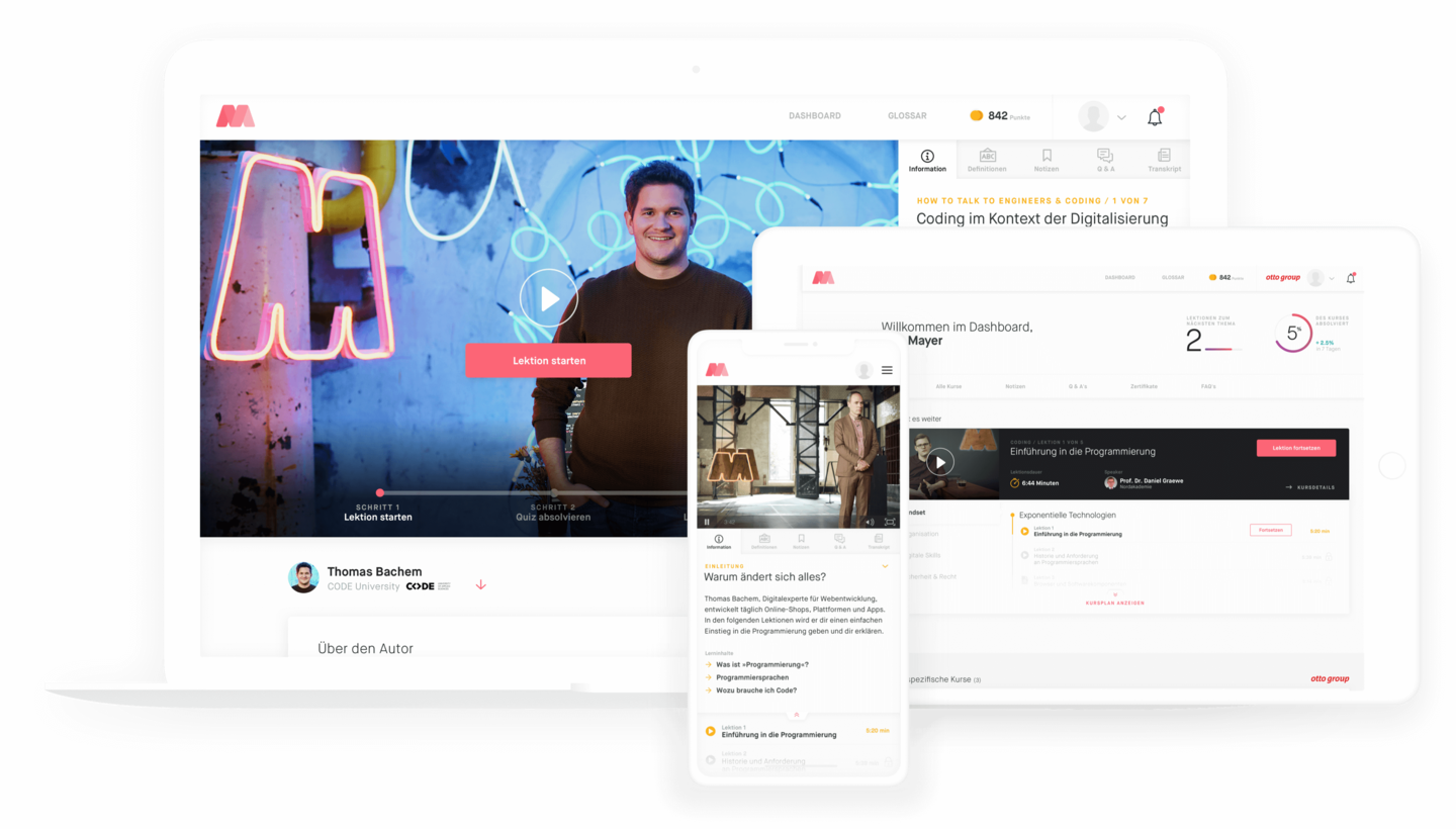 Ansichten der digitalen Lernplattform Masterplan auf Desktop, Tablet und Smartphone. Foto: masterplan.com