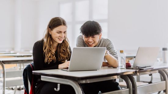 Illustration: Zwei Studierende schauen gemeinsam auf einen Laptop
