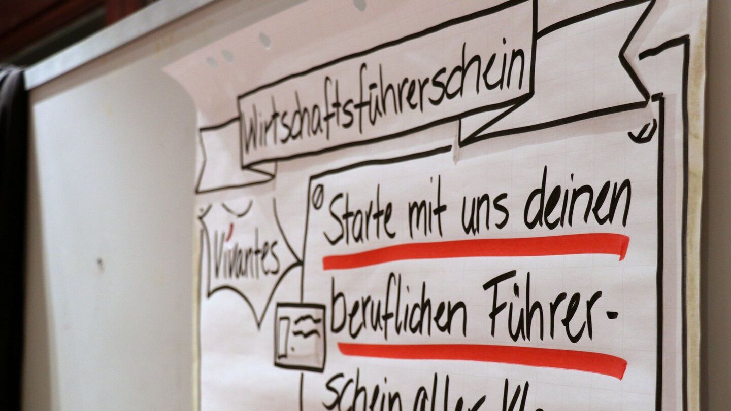 Handgeschriebene Tafel mit der Überschrift 'Wirtschaftsführerschein' und dem Text 'Starte mit uns deinen beruflichen Führerschein aller Klassen' unterstrichen mit rotem Marker.