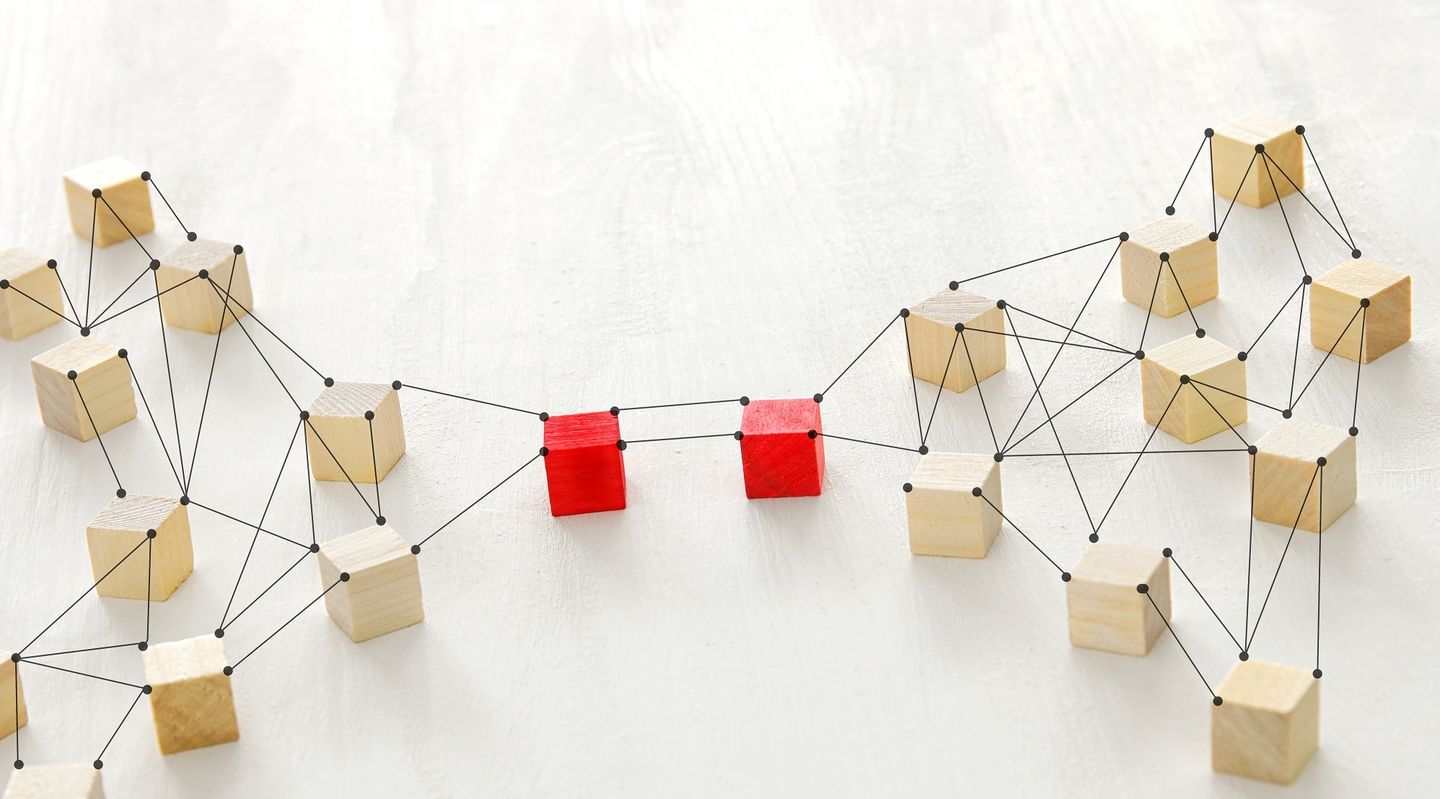 Applying at the HWR Berlin: The photo shows wooden blocks linked by strings, two of them are coloured red and directly linked to each other. Photo: © stockfour/iStock/Getty Images Plus