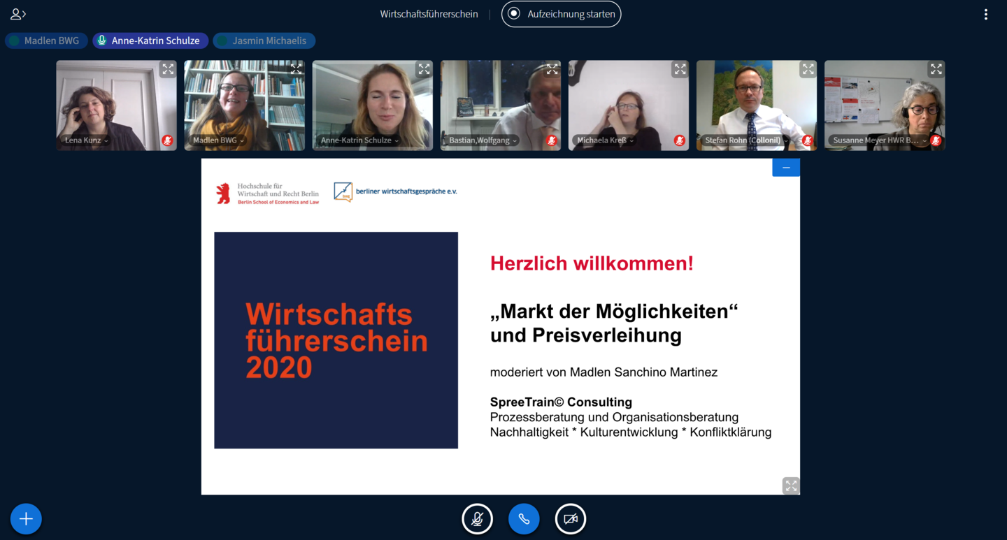 Wirtschaftsführerschein 2020: Screenshot der Online-Konferenz auf BigBlueButton. Begrüßung am 6. Oktober 2020 durch Moderatorin Madlen Sanchino Martinez und Prof. Dr. Susanne Meyer, Erste Vizepräsidentin der HWR Berlin.