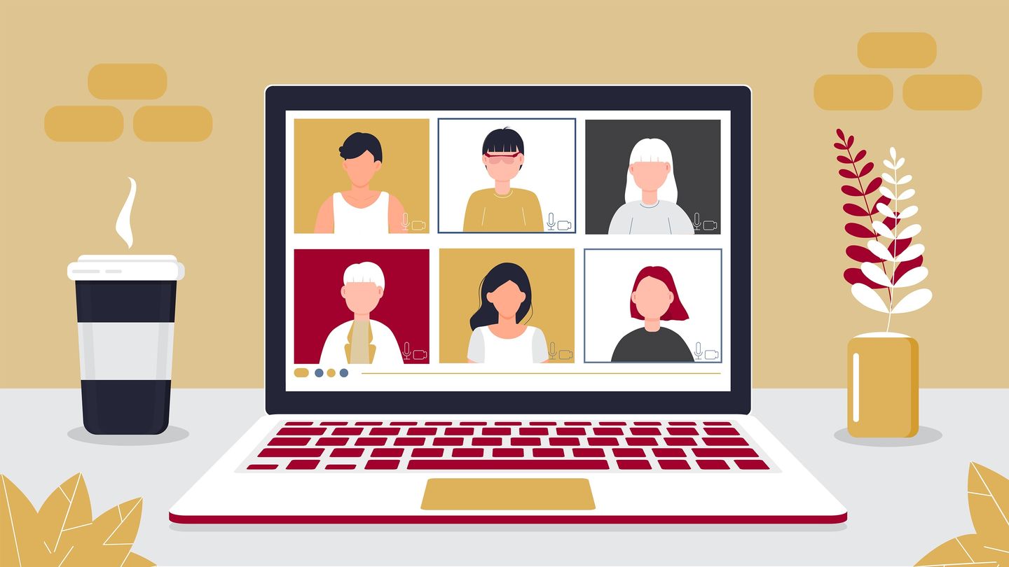 HWR Berlin: Kleiner Guide für Online-Meetings. Grafik: © Yuliya Baranych/iStock / Getty Images Plus Grafik: Aufgeklappter Laptop, auf dem die Teilnehmenden eines Online-Meetings zu sehen sind. Grafik: © Yuliya Baranych/iStock / Getty Images Plus