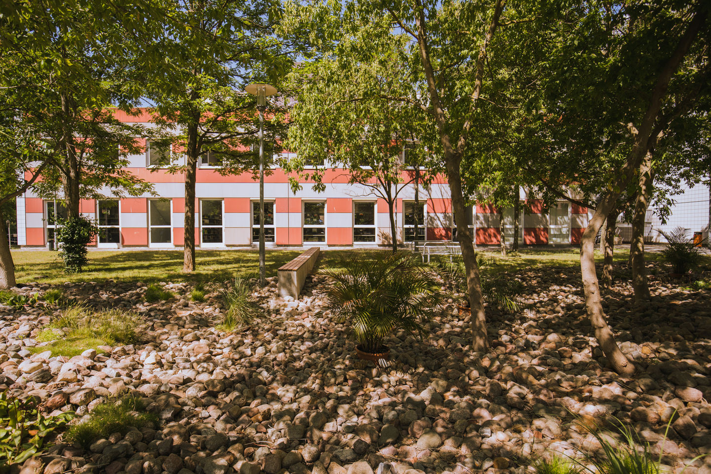 Studying at the Campus Lichtenberg of the HWR Berlin: Garden behind house 6B and 6C, in the background house 6C, library. Photo: Oana Popa-Costea