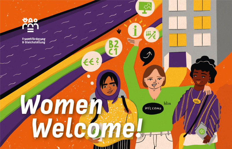 Illustration: Drei Frauen unterschiedlicher Herkunft stellen sich Fragen vor dem Eingang zur Hochschule. Illustration: El Boum