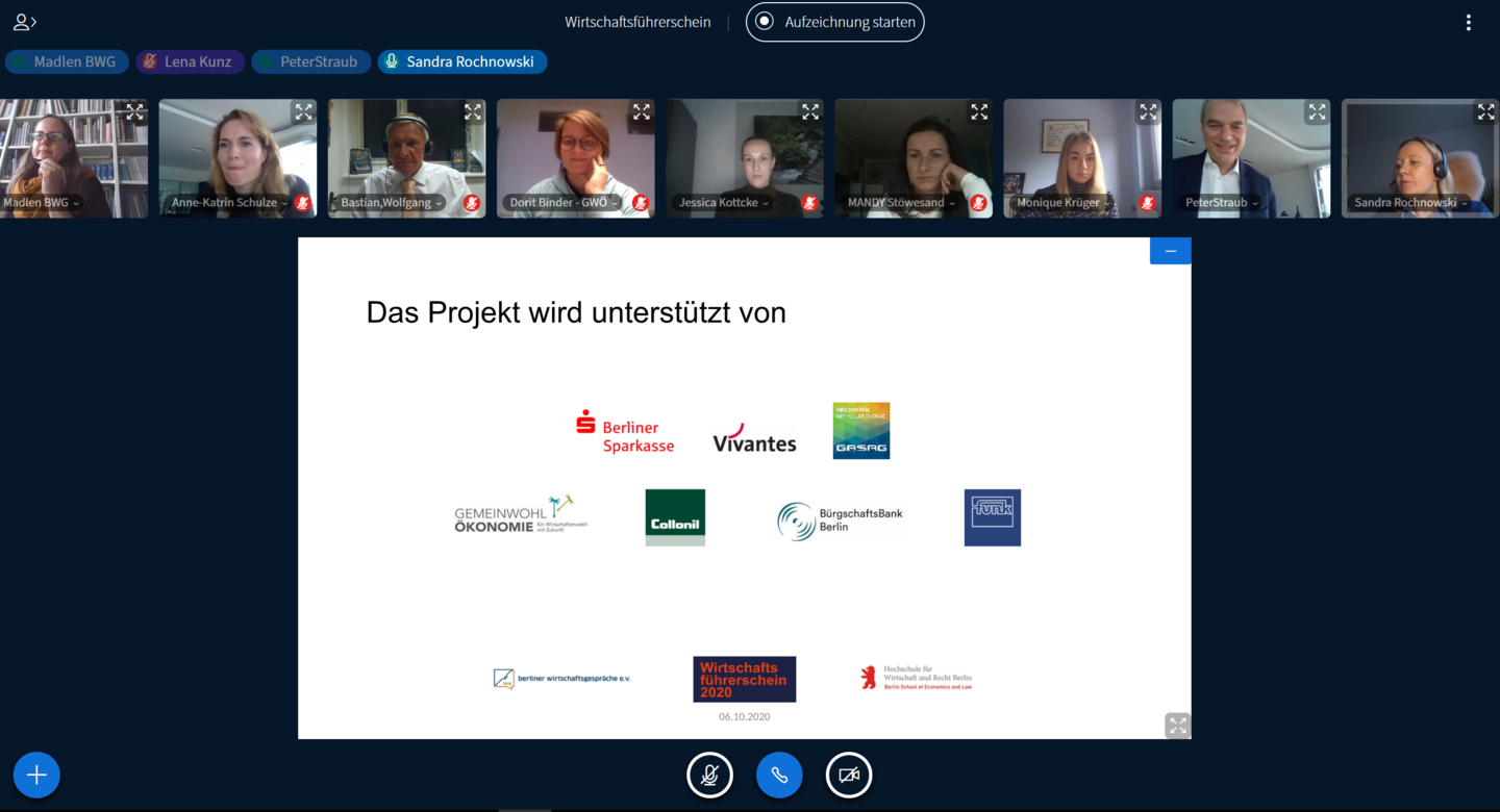 Online-Konferenz auf BigBlueButton: Der digitale Wirtschaftsführerschein 2020 wurde unterstützt von Berliner Sparkasse, Bürgschaftsbank Berlin, Collonil, Funk, Gasag, Gemeinwohl Ökonomie, Vivantes. Screenshot: Theresa Mittelstädt