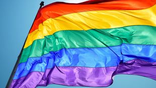 Rainbow flag fluttering in the wind against a blue sky. Photo: © mbolina/iStock/Getty Images Plus