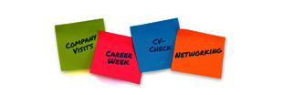 Vier bunte Haftnotizen mit den handschriftlichen Texten 'COMPANY VISITS', 'CAREER WEEK', 'CV-CHECK' und 'NETWORKING'