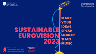 Vom 17. bis 18. April entwickeln internationale Studierende in Liverpool Konzepte, um um den Eurovision Song Contest 2023 nachhaltiger zu gestalten. Grafik: University of Liverpool, HWR Berlin