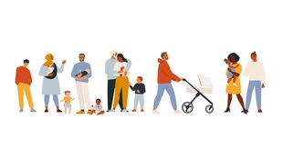 Mehrere Erwachsene mit Kleinkindern, darunter eine Person mit Kinderwagen und eine Person, die ein Baby trägt