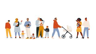 Mehrere Erwachsene mit Kleinkindern, darunter eine Person mit Kinderwagen und eine Person, die ein Baby trägt