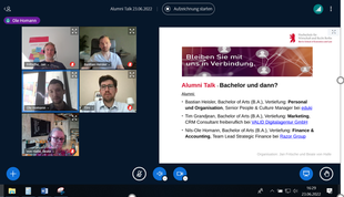 Was kommt nach dem Bachelor-Abschluss? Am 23. Juni stellten drei Alumni der HWR Berlin Bachelor-Studierenden ihren beruflichen Werdegang vor. Screenshot: HWR Berlin, Beate von Halle