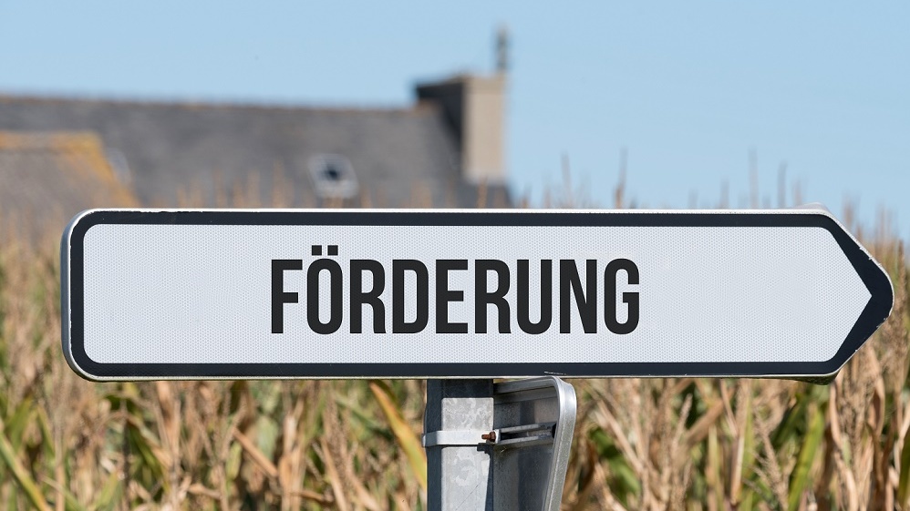 Straßenschild mit der Aufschrift Förderung vor einem Weizenfeld und blauem Himmel. Foto: © Stadtratte / iStock / Getty Images Plus