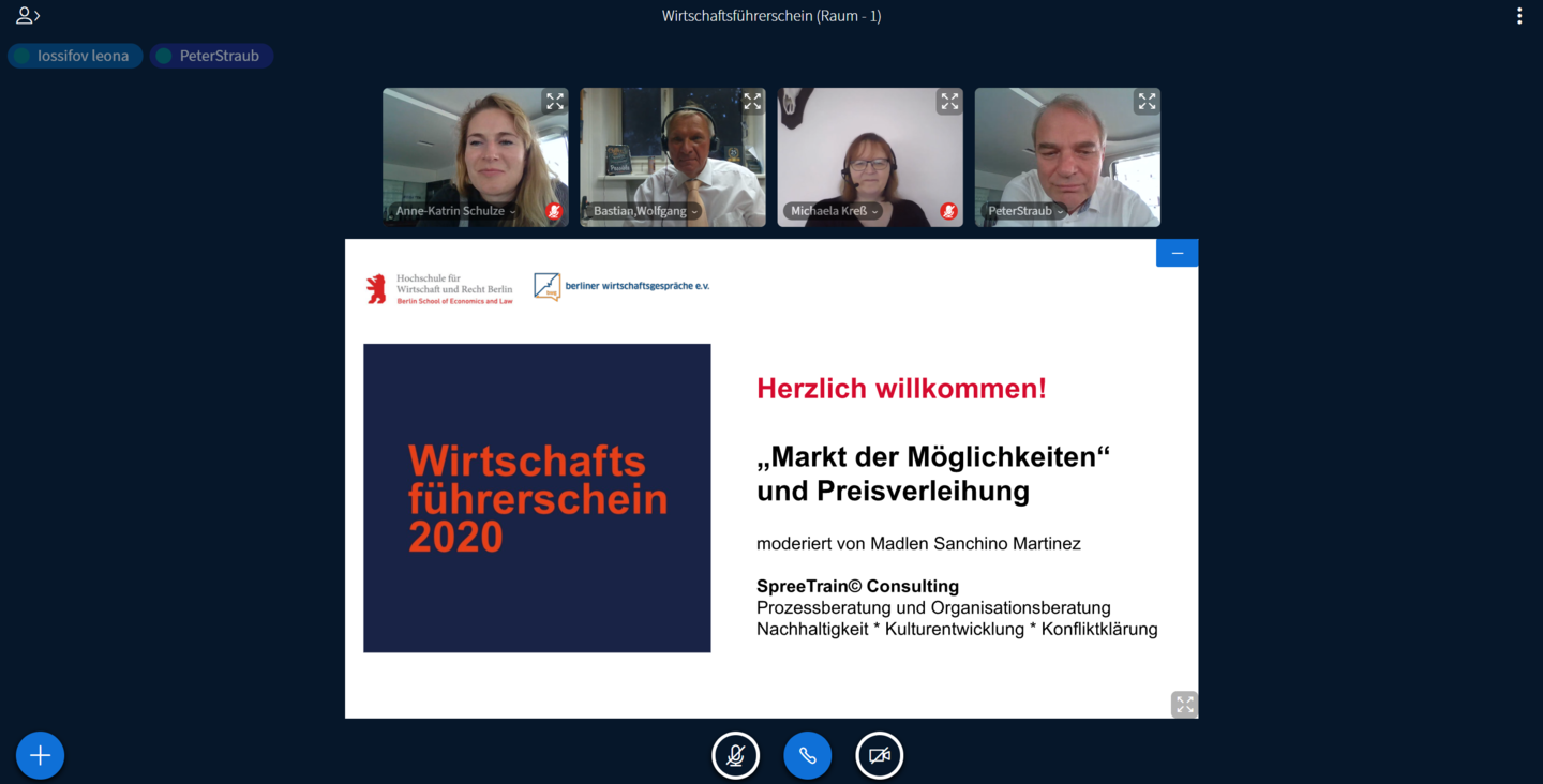 Online-Konferenz auf BigBlueButton: Bürgschaftsbank, Collonil und die Funk Gruppe beantworten beim "Markt der Möglichkeiten" Fragen der Schülerinnen und Schüler.