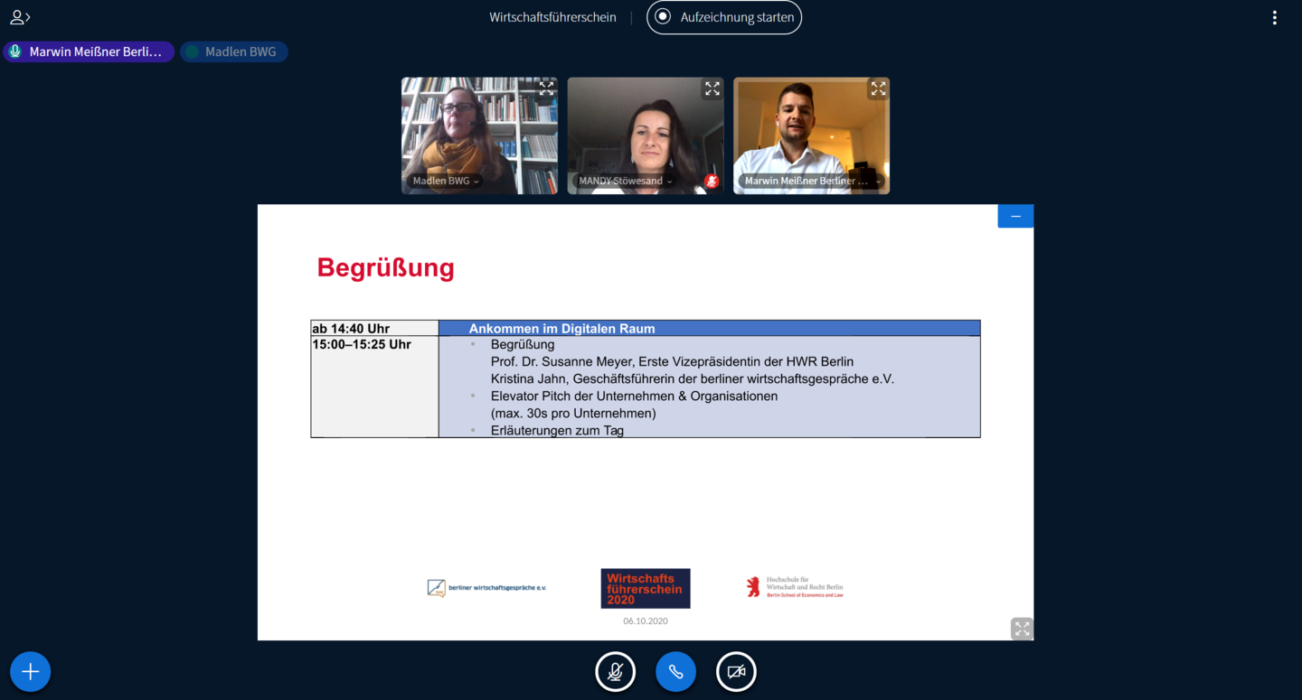 Online-Konferenz auf BigBlueButton: Mandy Stöwesand und Marwin Meißner stellen den Schülerinnen und Schülern die Ausbildungs- und Karrieremöglichkeiten der Berliner Sparkasse vor.