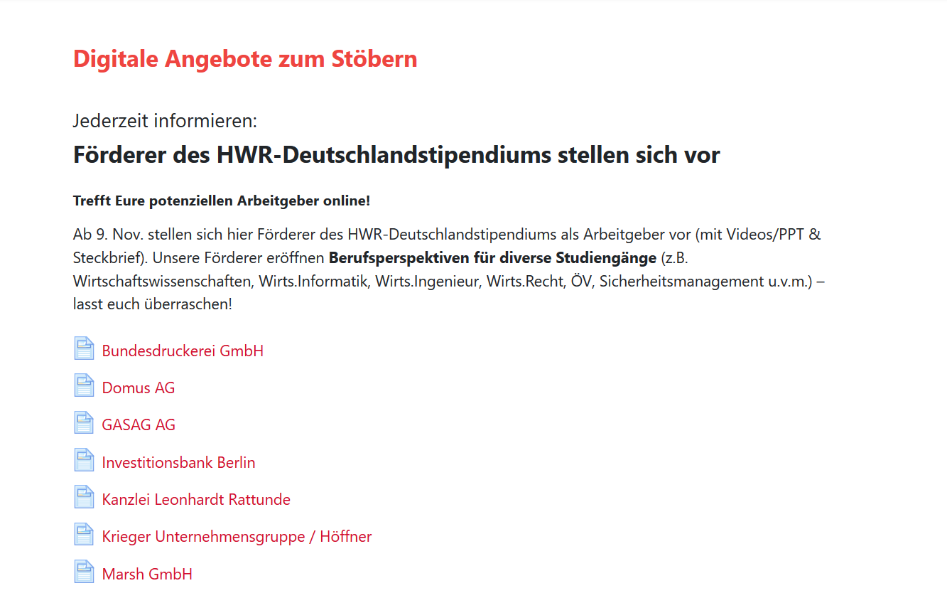 HWR Berlin: Angebote des Career Service auf der Lernplattform Moodle. Förderer des Deutschlandstipendiums stellen sich vor.